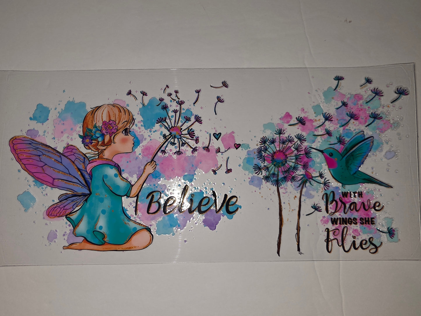 Fairy & Hummingbird Dandelion Tumbler Wrap - Pink, Blue, Purple Watercolor Design