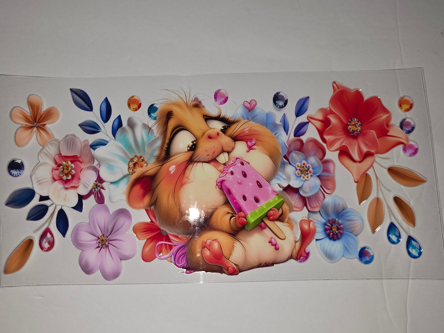 Cute Hamster with Watermelon Ice Pop Tumbler Wrap | Floral & Gemstone Design