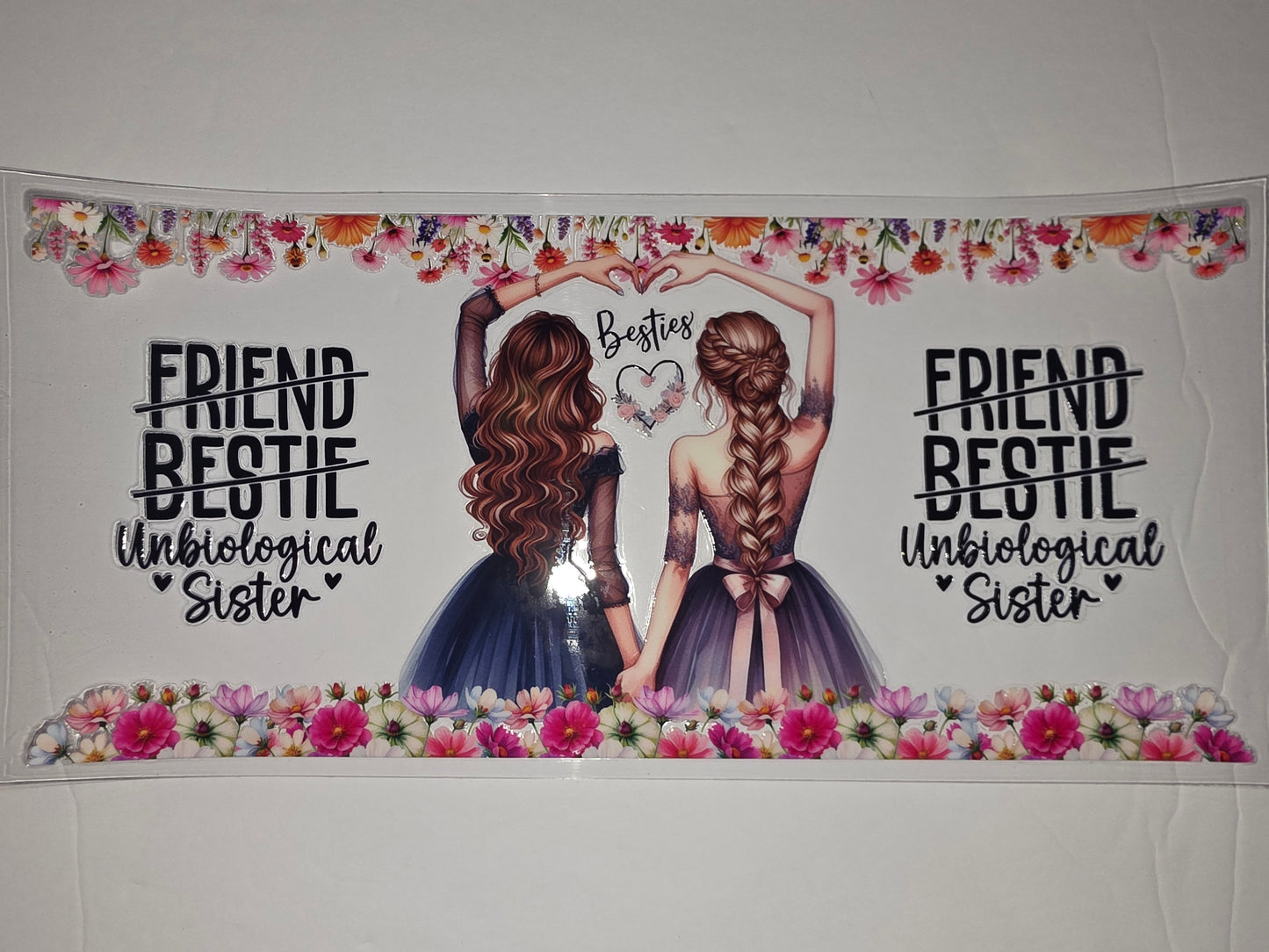 Bestie Unbiological Sister Tumbler Wrap | Two Girls Friendship Floral Design | Pink & Purple Flowers