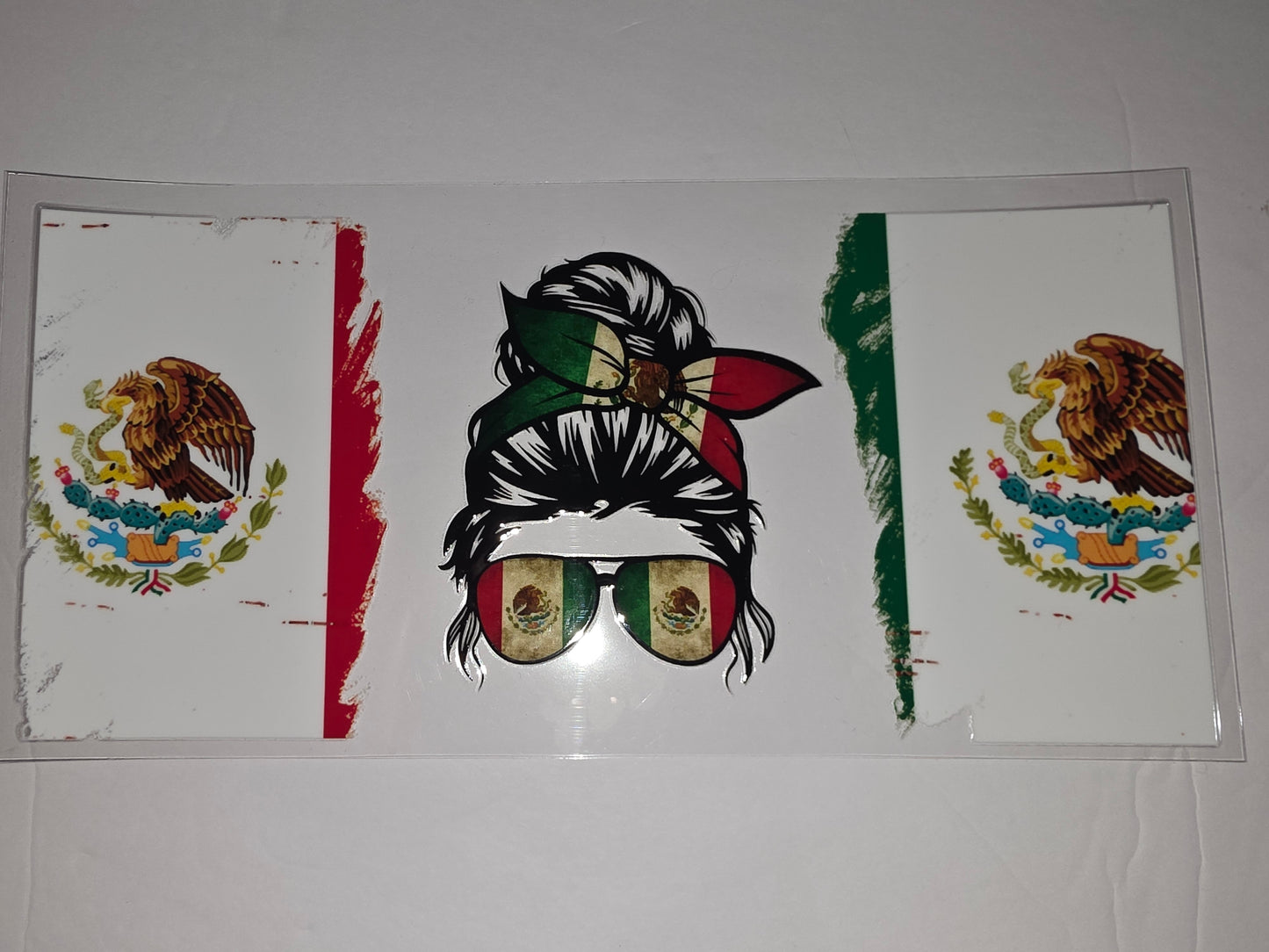 Mexican Flag Messy Bun Mom Tumbler Wrap | Patriotic Eagle & Sunglasses Design