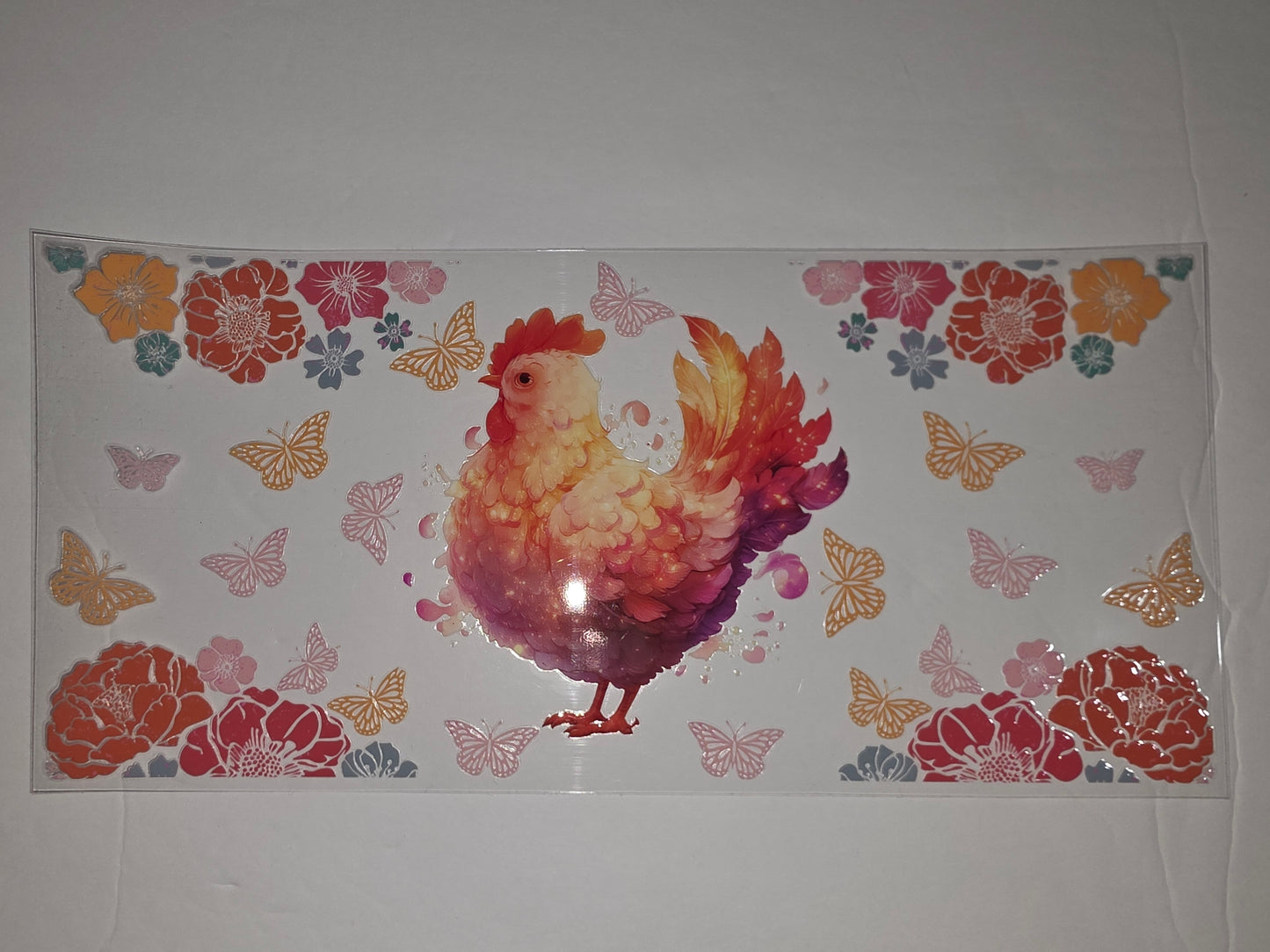 Vibrant Rooster & Butterfly Floral Tumbler Wrap | Pink, Orange, Yellow Flower Design