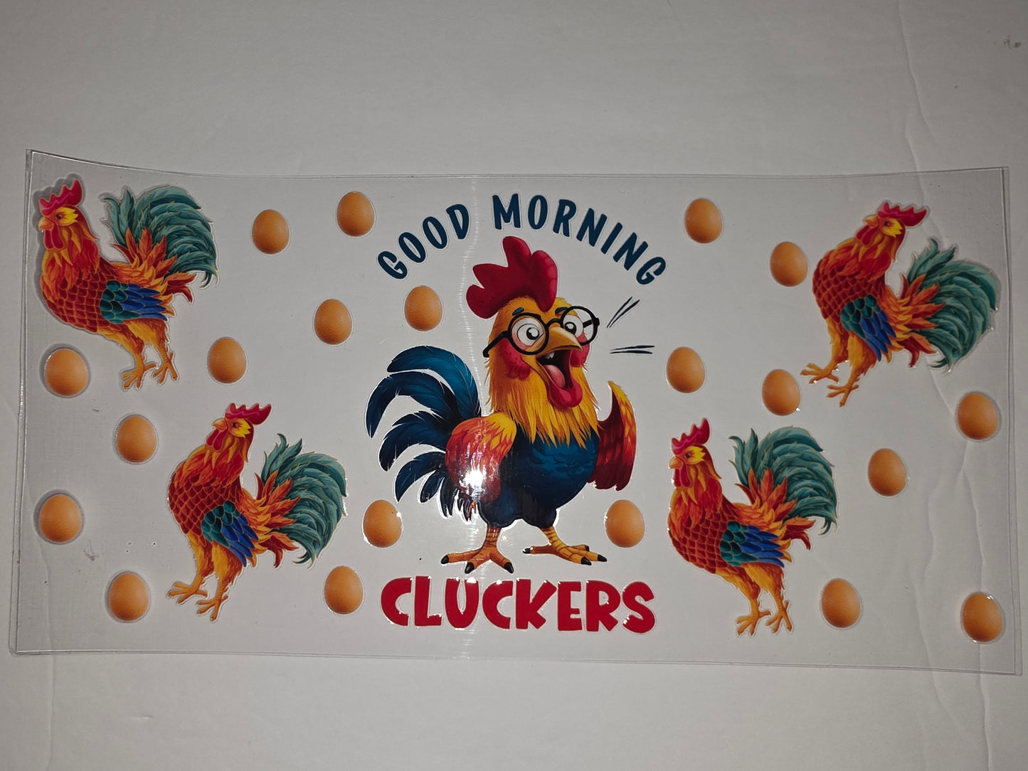 Funny Rooster & Eggs Tumbler Wrap | "Good Morning Cluckers" Farmhouse Design