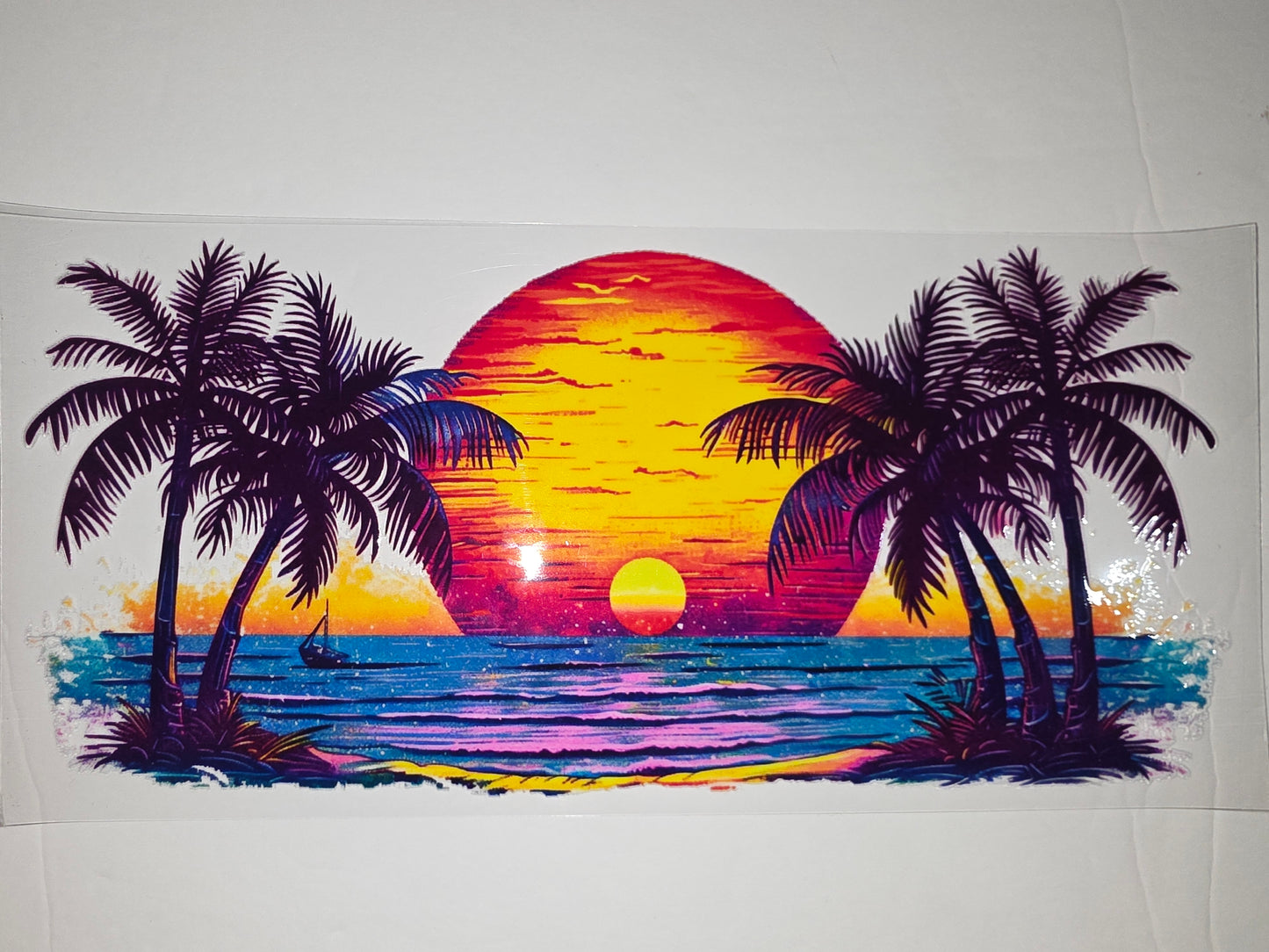 Retro Sunset Palm Tree Tumbler Wrap | Vibrant Beach Scene Drinkware Design