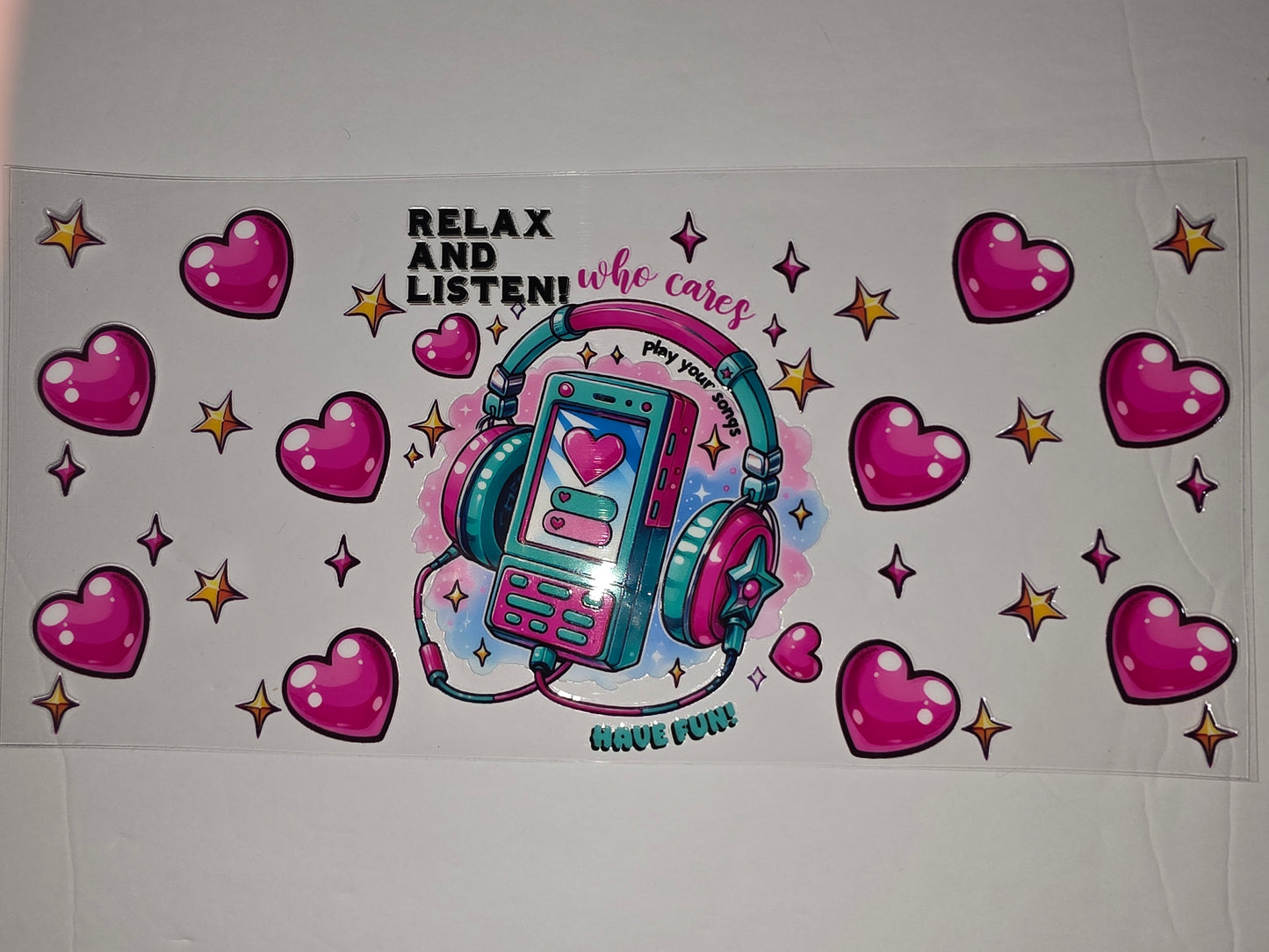 Retro Phone & Headphones Tumbler Wrap | Pink Hearts & Stars | Music Lover Gift