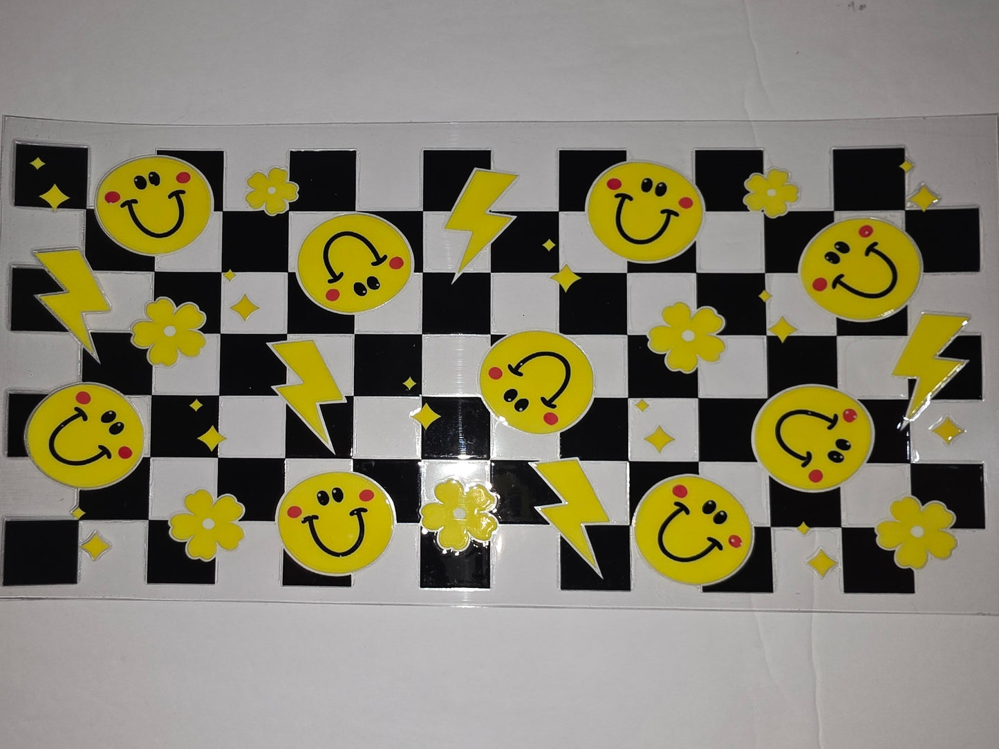 Retro Smiley Face & Lightning Bolt Checkerboard Tumbler Wrap | Yellow & Black