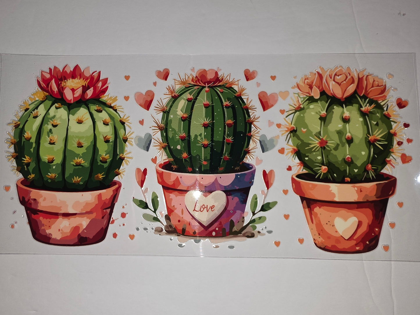 Cute Potted Cactus Tumbler Wrap with Hearts - Green & Coral Design
