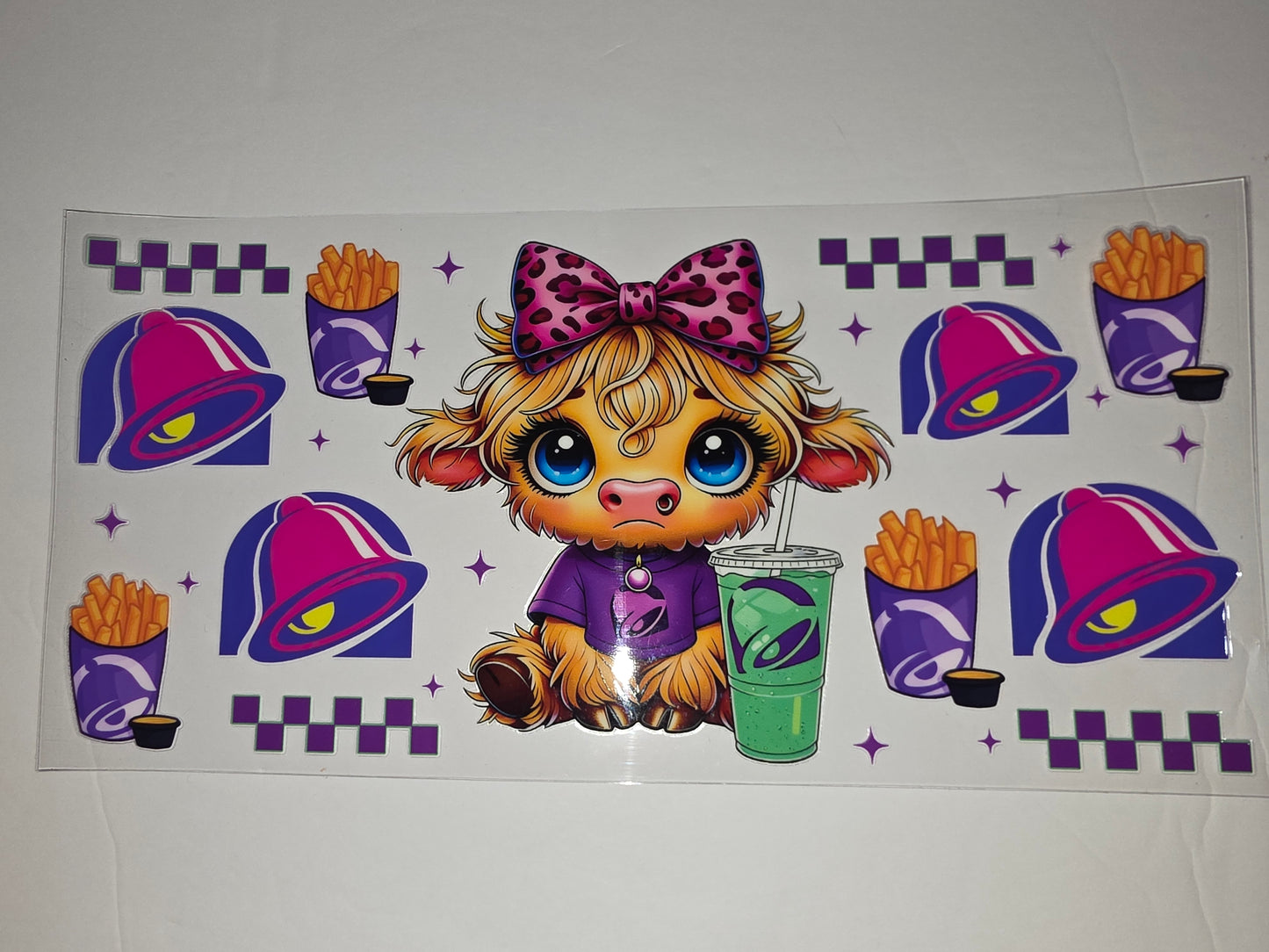 Cute Cow with Taco Bell Theme Tumbler Wrap | Pink Leopard Bow, Fries, Drink