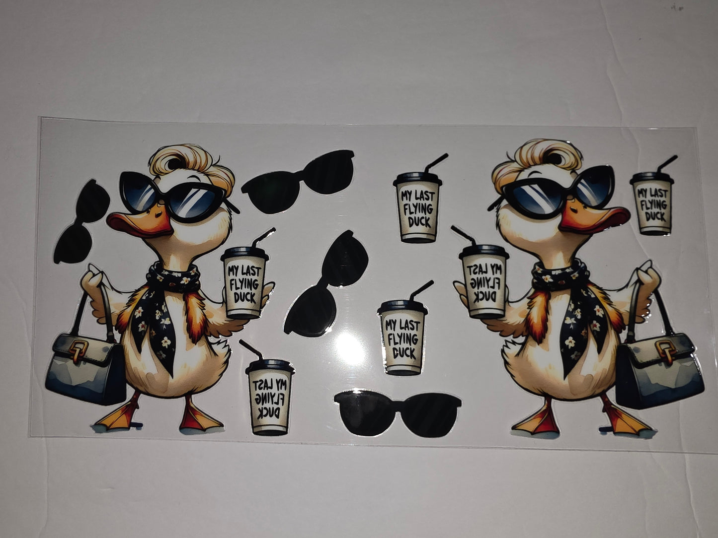 Chic Duck with Sunglasses & Coffee Tumbler Wrap | "My Last Flying Duck" Design