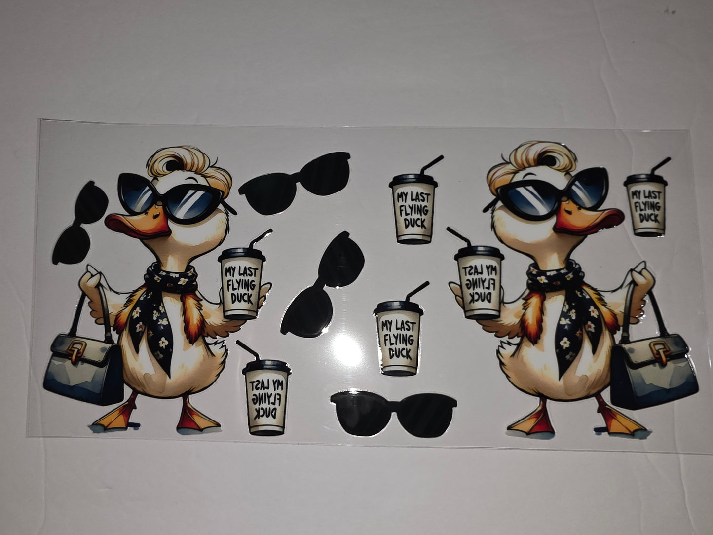 Chic Duck Tumbler Wrap | "My Last Flying Duck" Coffee Cup Design | Sunglasses & Handbag