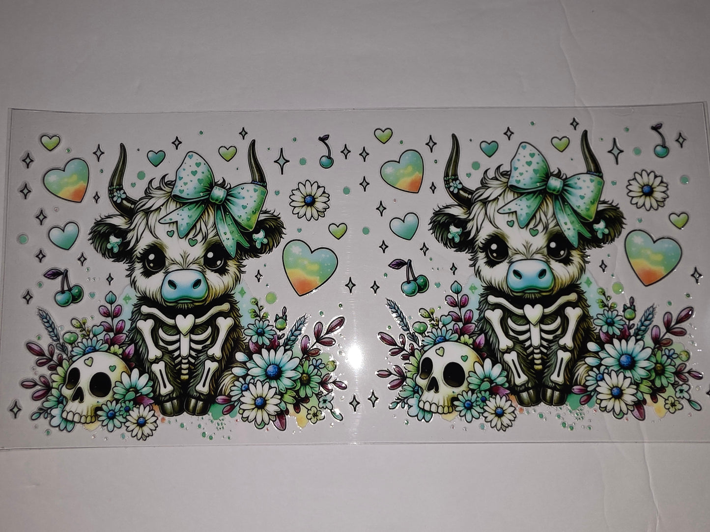 Cute Skeleton Highland Cow Tumbler Wrap | Whimsical Floral Skull Design | Green & Pastel Hearts
