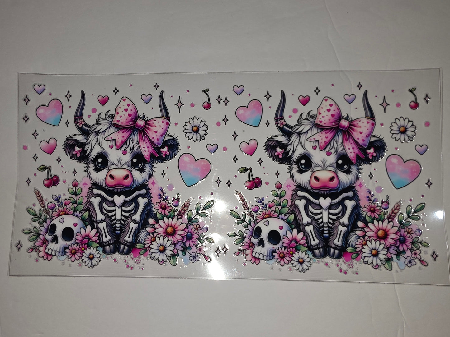 Cute Skeleton Highland Cow Tumbler Wrap | Pink Bows, Skulls, Flowers, Hearts | Sublimation Design