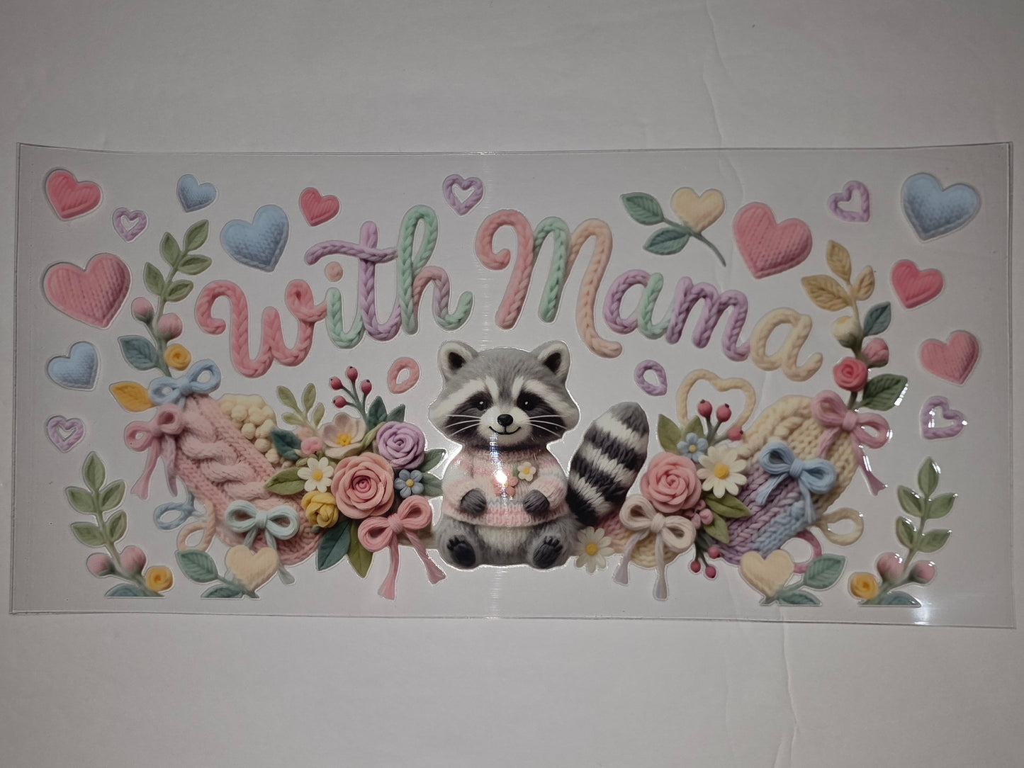 Cute Raccoon "With Mama" Tumbler Wrap | Pastel Floral & Hearts Design | Sublimation Cup Art