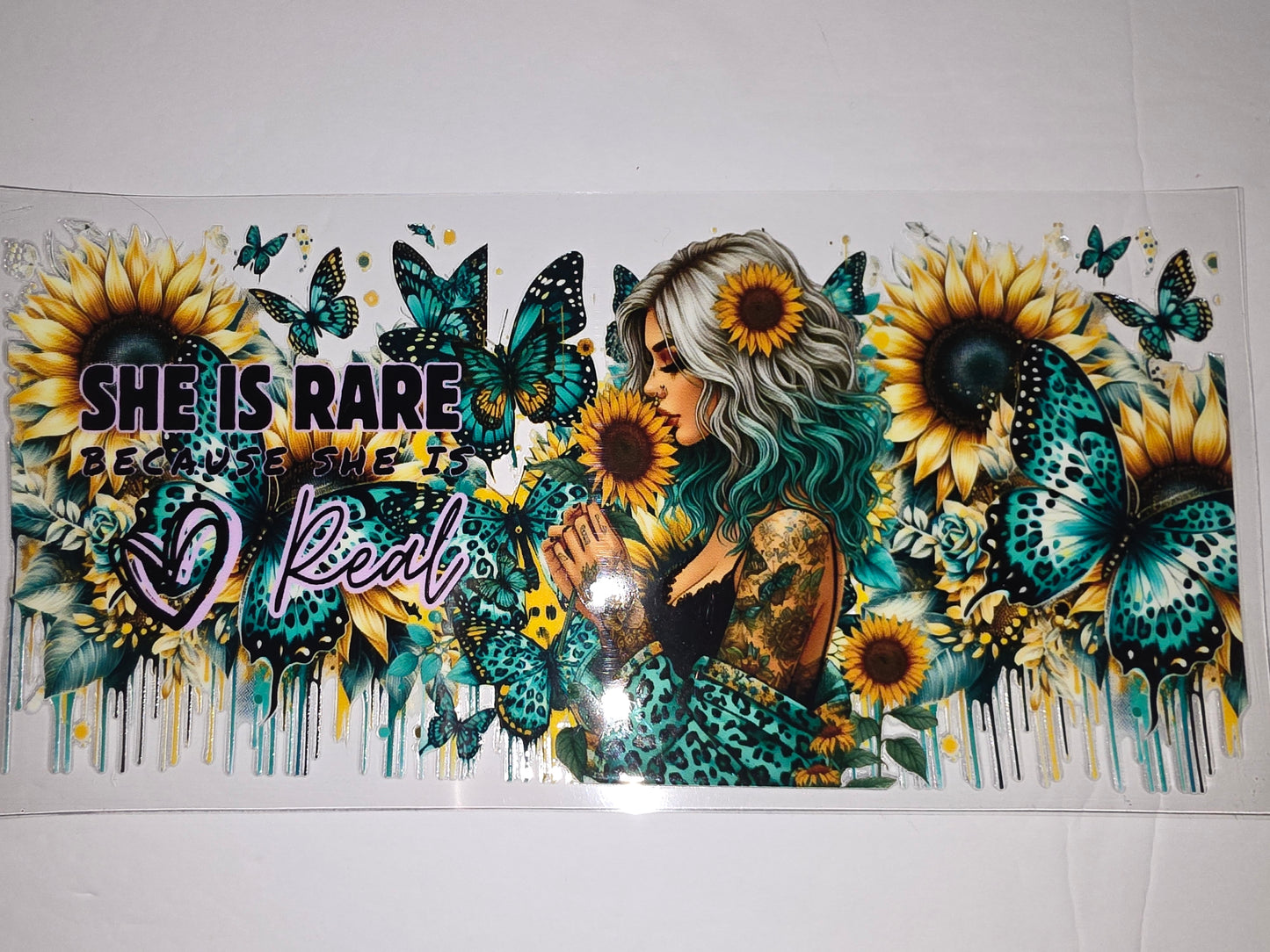 Bohemian Woman Sunflower Butterfly Tumbler Wrap | Teal Leopard Print & Drip Design