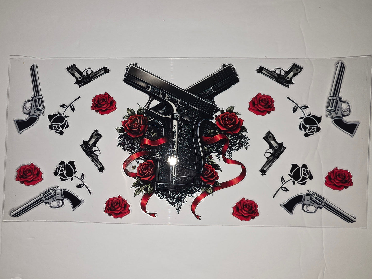 Guns and Roses Tumbler Wrap - Vintage Revolvers, Modern Pistols, Red & Black Roses