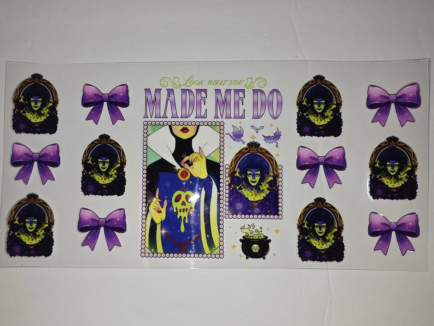 Wicked Witch Mirror & Bow Tumbler Wrap | Purple & Green Villain Design | Sublimation Cup Art