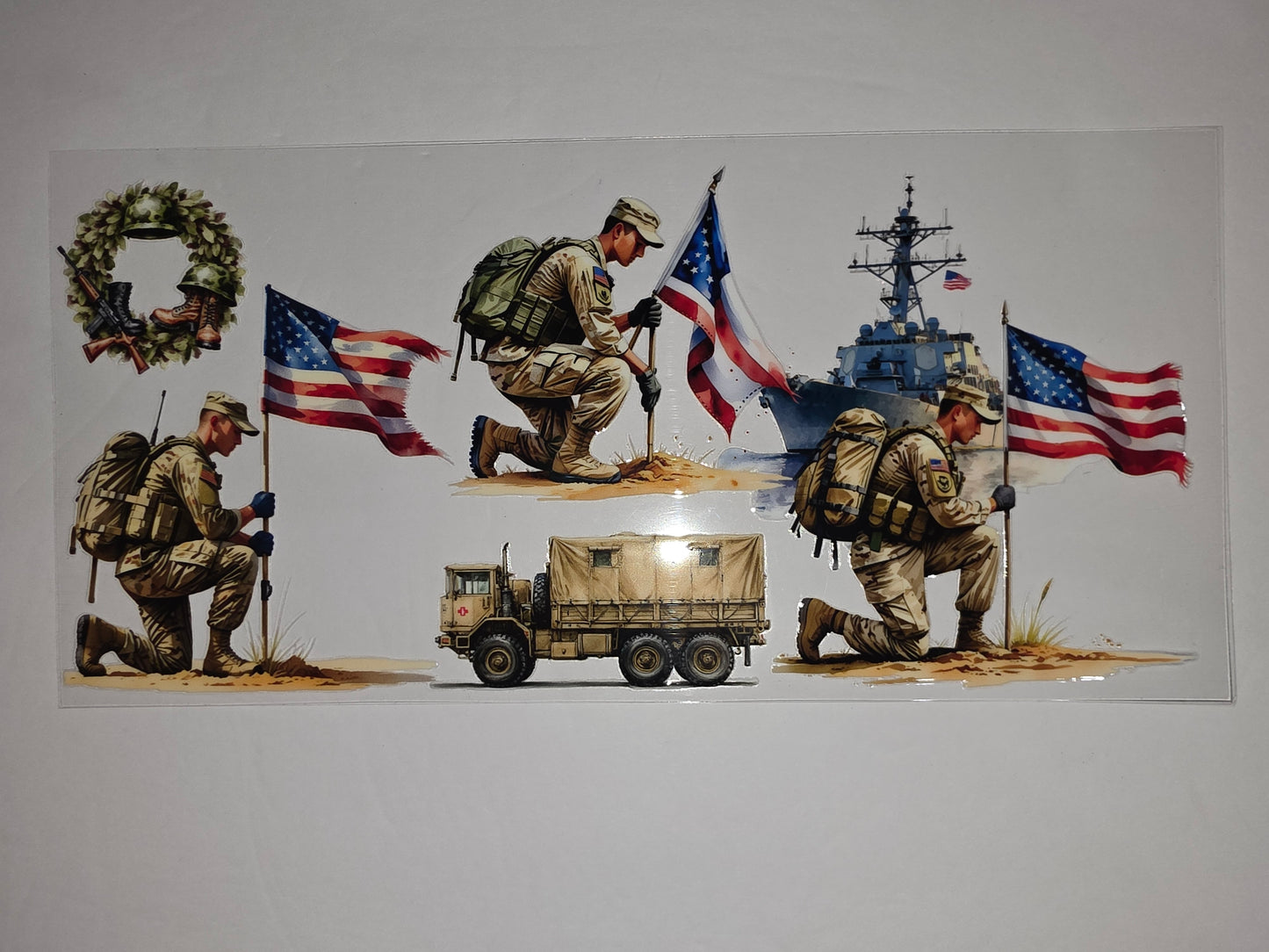 Patriotic Military Soldier Tumbler Wrap - American Flag, Army Truck, Navy Ship