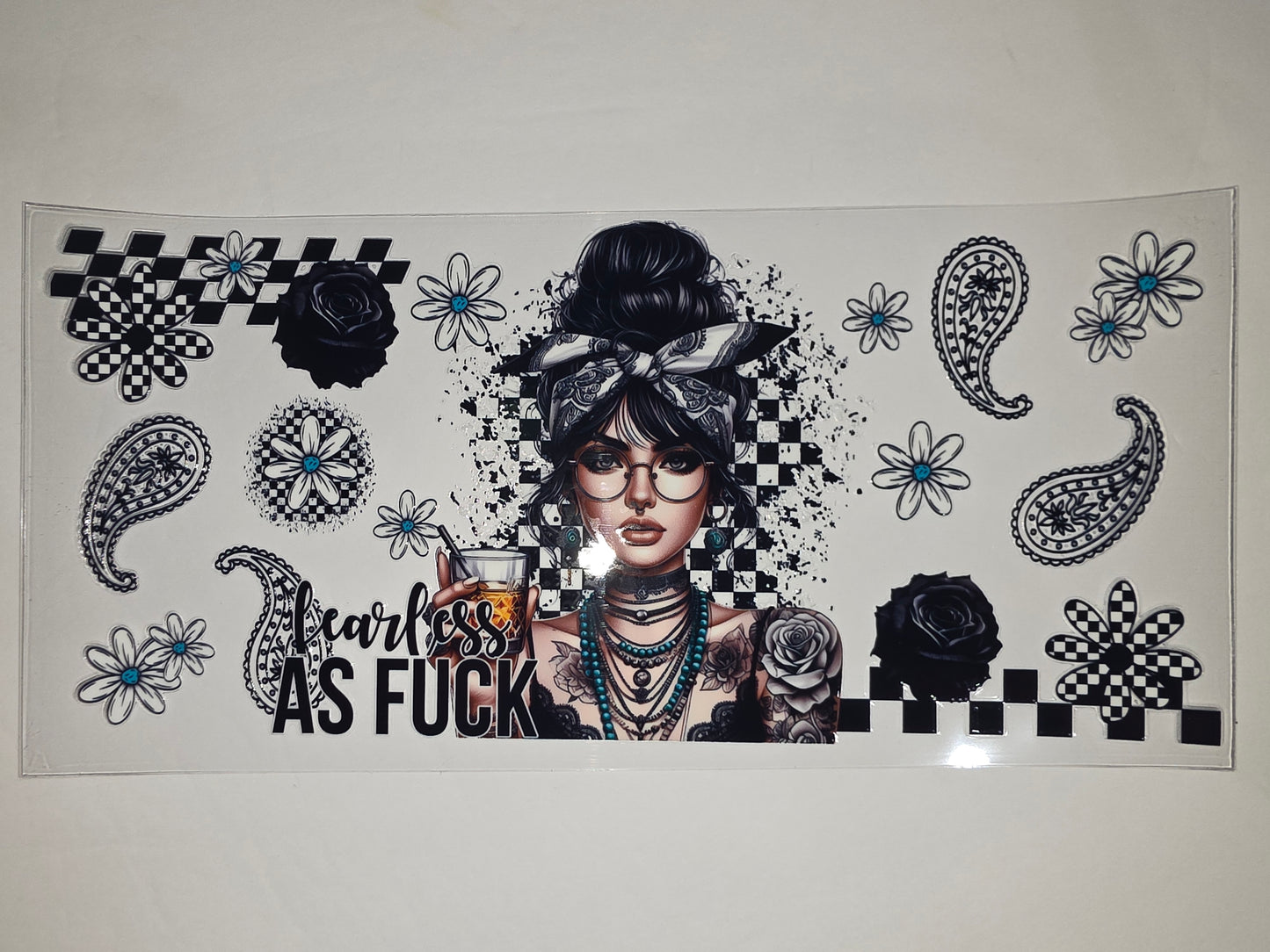 Edgy Tattoo Girl Tumbler Wrap - Black & White Roses, Paisley, Checkered Flowers