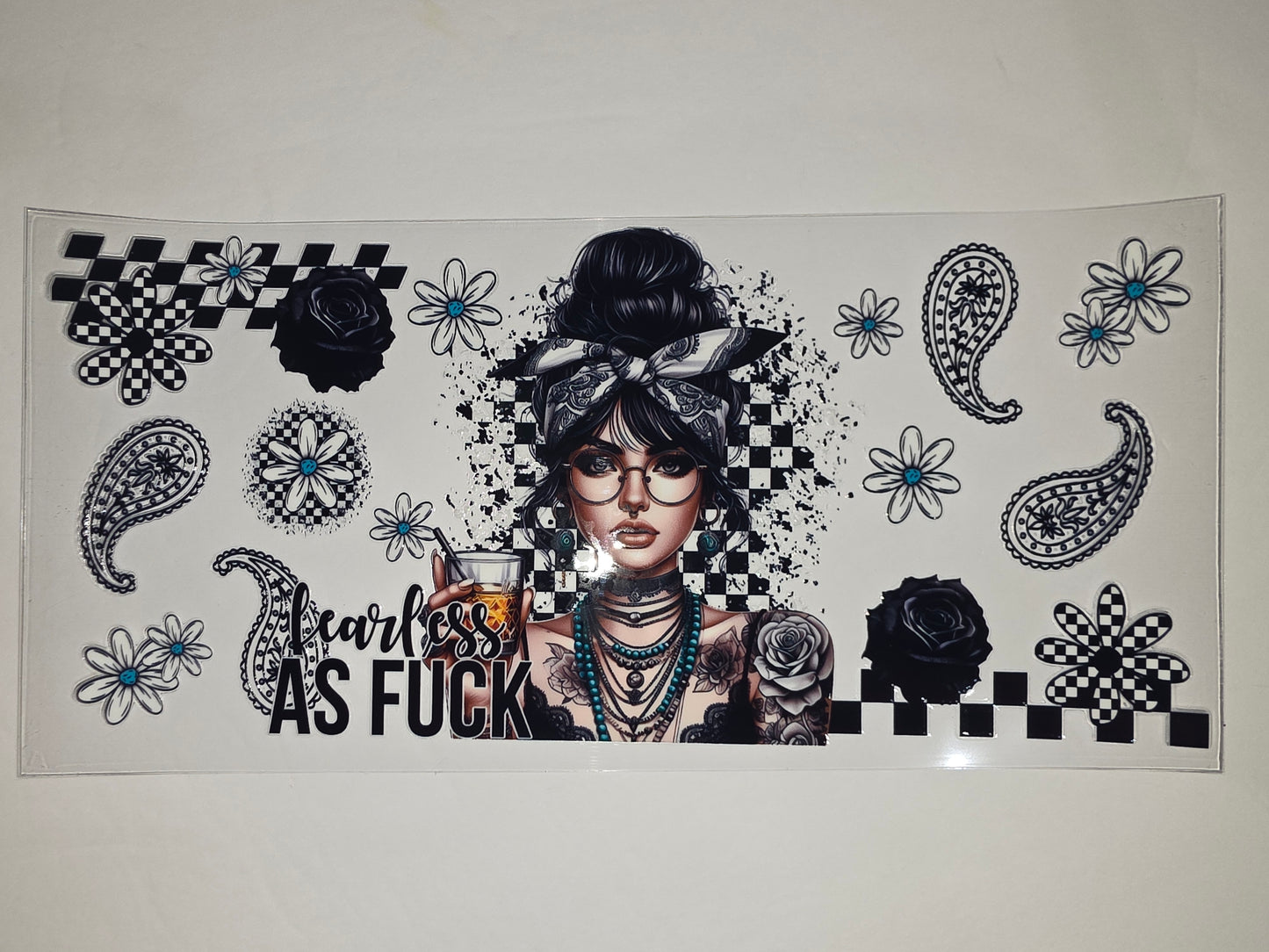 Edgy Tattooed Woman Tumbler Wrap | Black & White Roses, Daisies, Paisley & Checkered Design