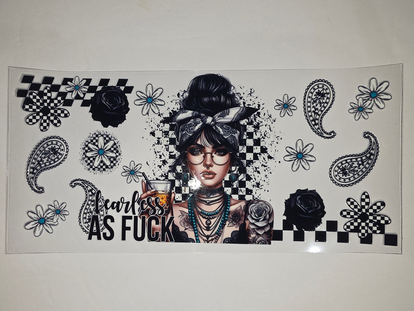Edgy Tattoo Girl Tumbler Wrap | Black & White Checkerboard, Paisley, Roses, Daisies