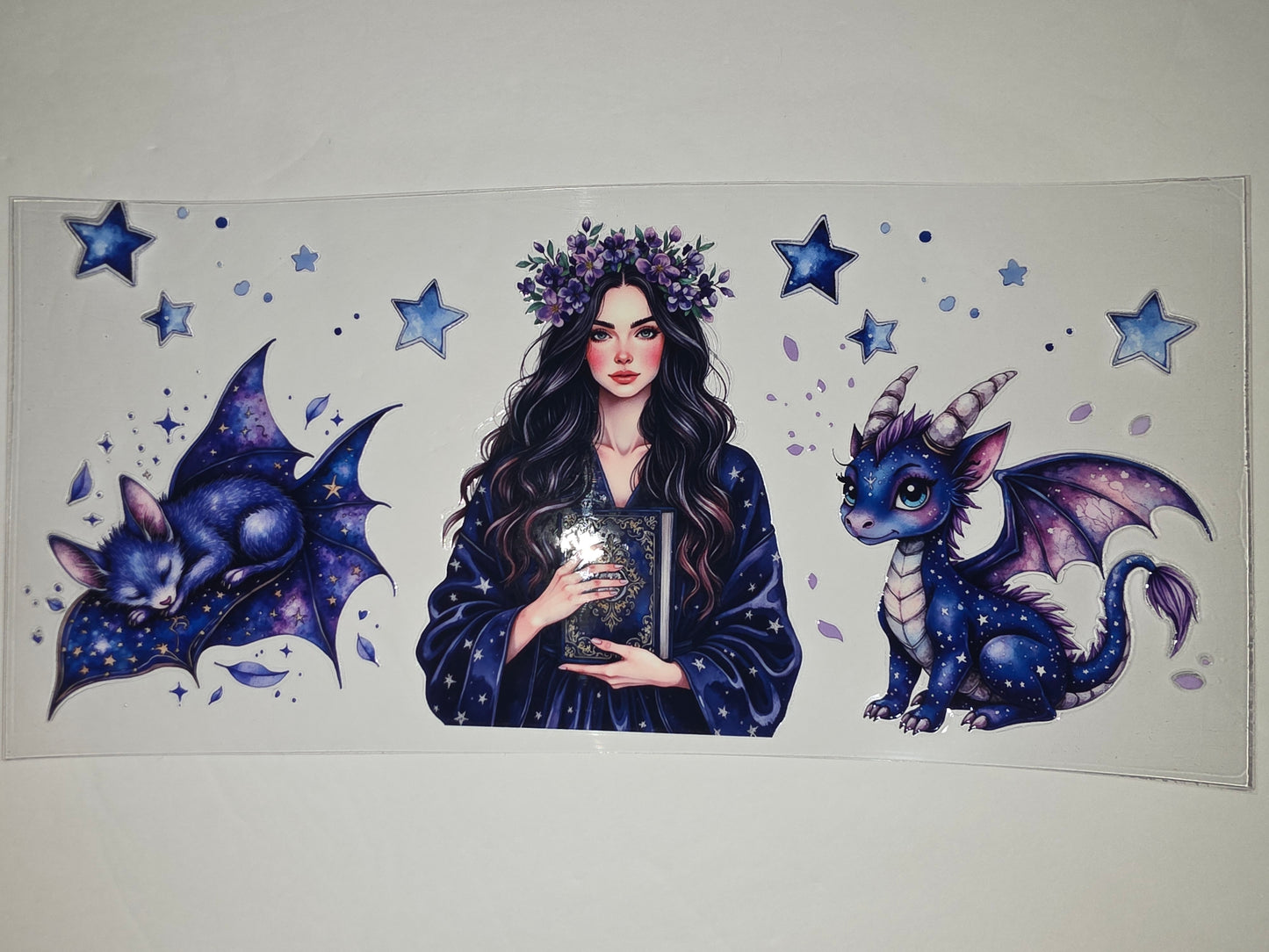Enchanting Celestial Witch & Dragon Tumbler Wrap | Purple & Blue Stars Design