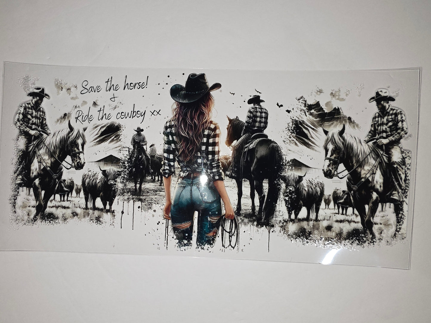 Cowgirl & Cowboy Horse Riding Tumbler Wrap - Western Farm Scene Design