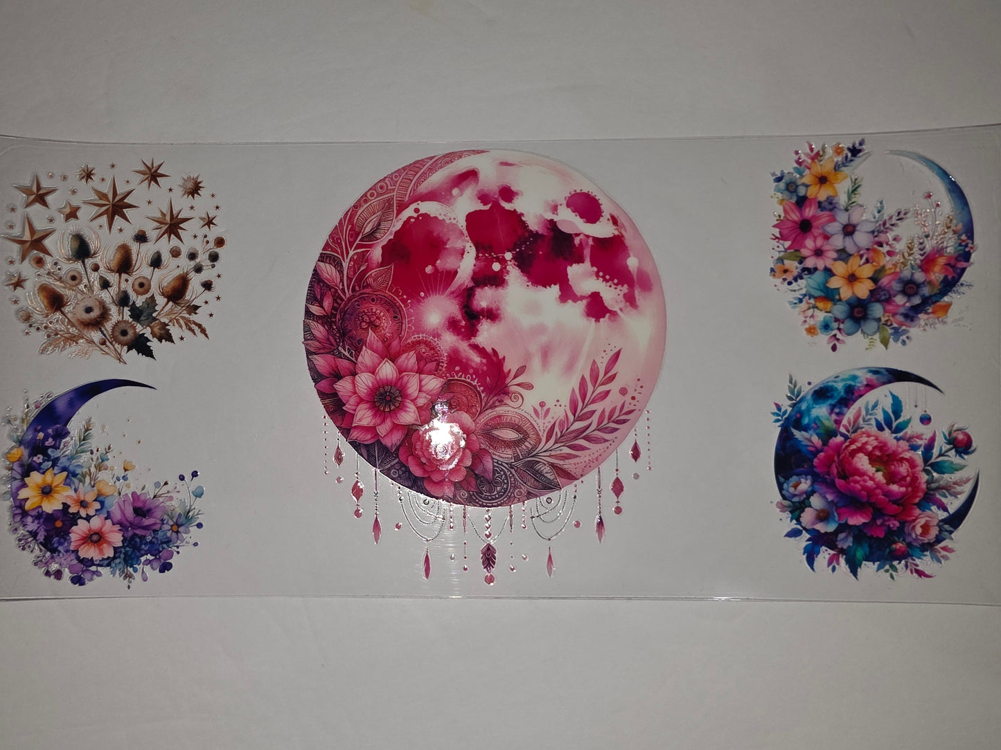 Boho Celestial Moon & Floral Tumbler Wrap | Pink, Blue, Purple & Gold Stars