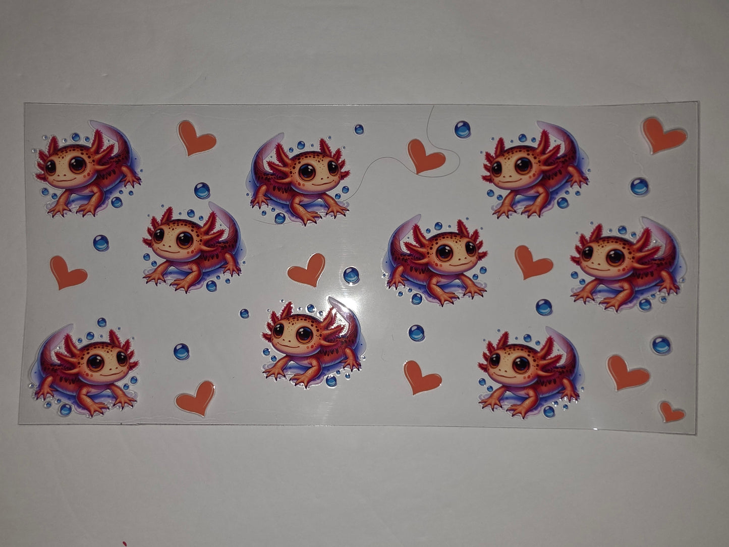 Cute Axolotl Tumbler Wrap - Orange & Blue Hearts & Bubbles Design