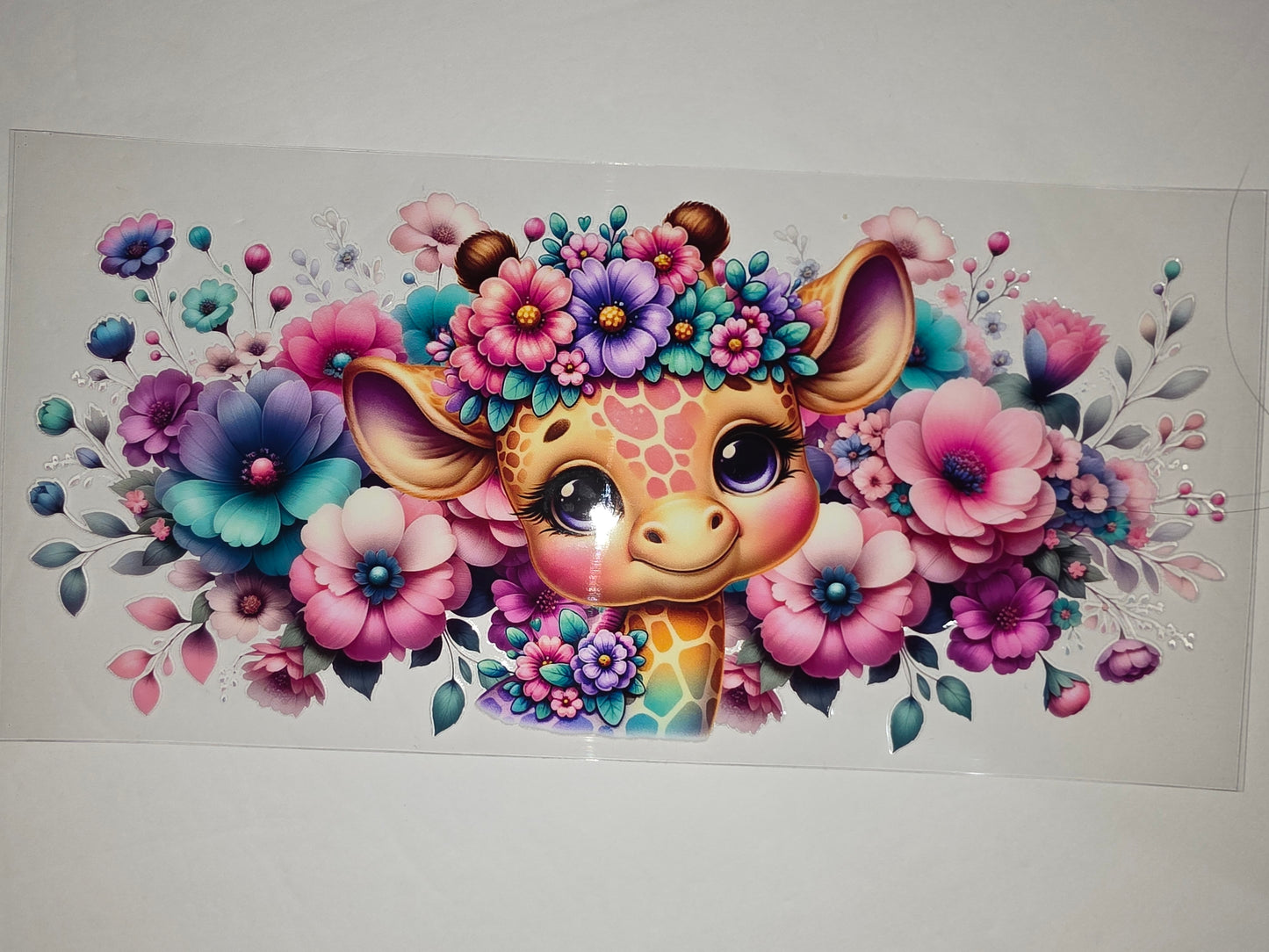 Cute Giraffe Floral Tumbler Wrap | Pink, Purple, Teal Flowers | Sublimation Design