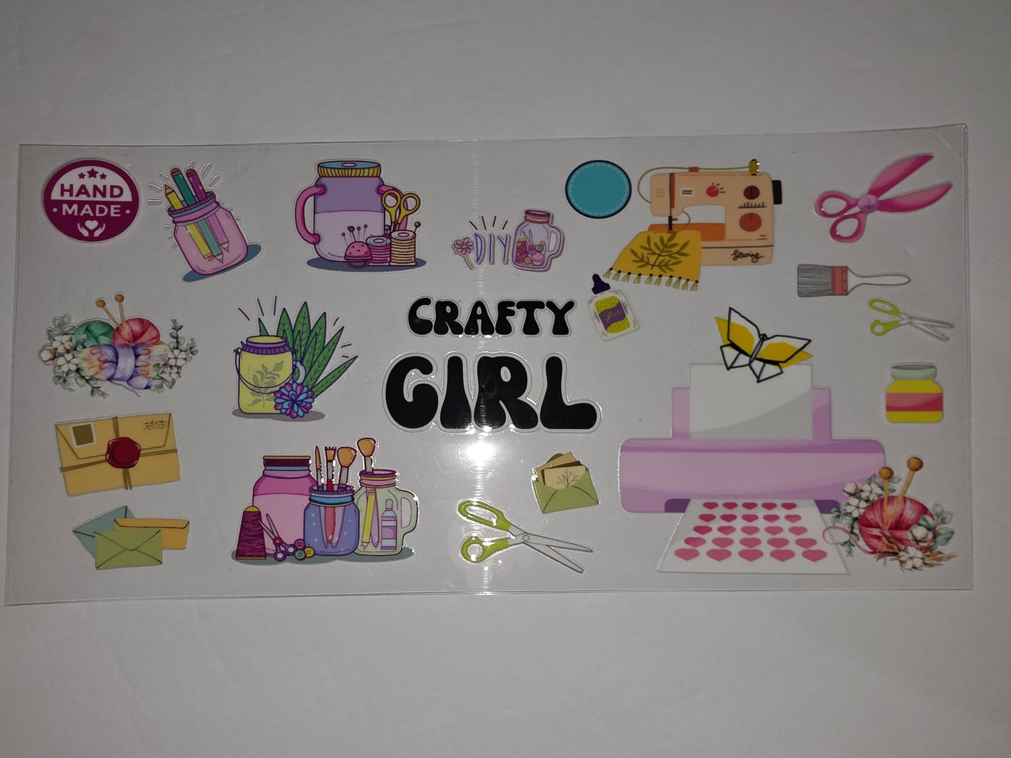 Crafty Girl Tumbler Wrap - Pink, Yellow, Purple Crafting & Sewing Design