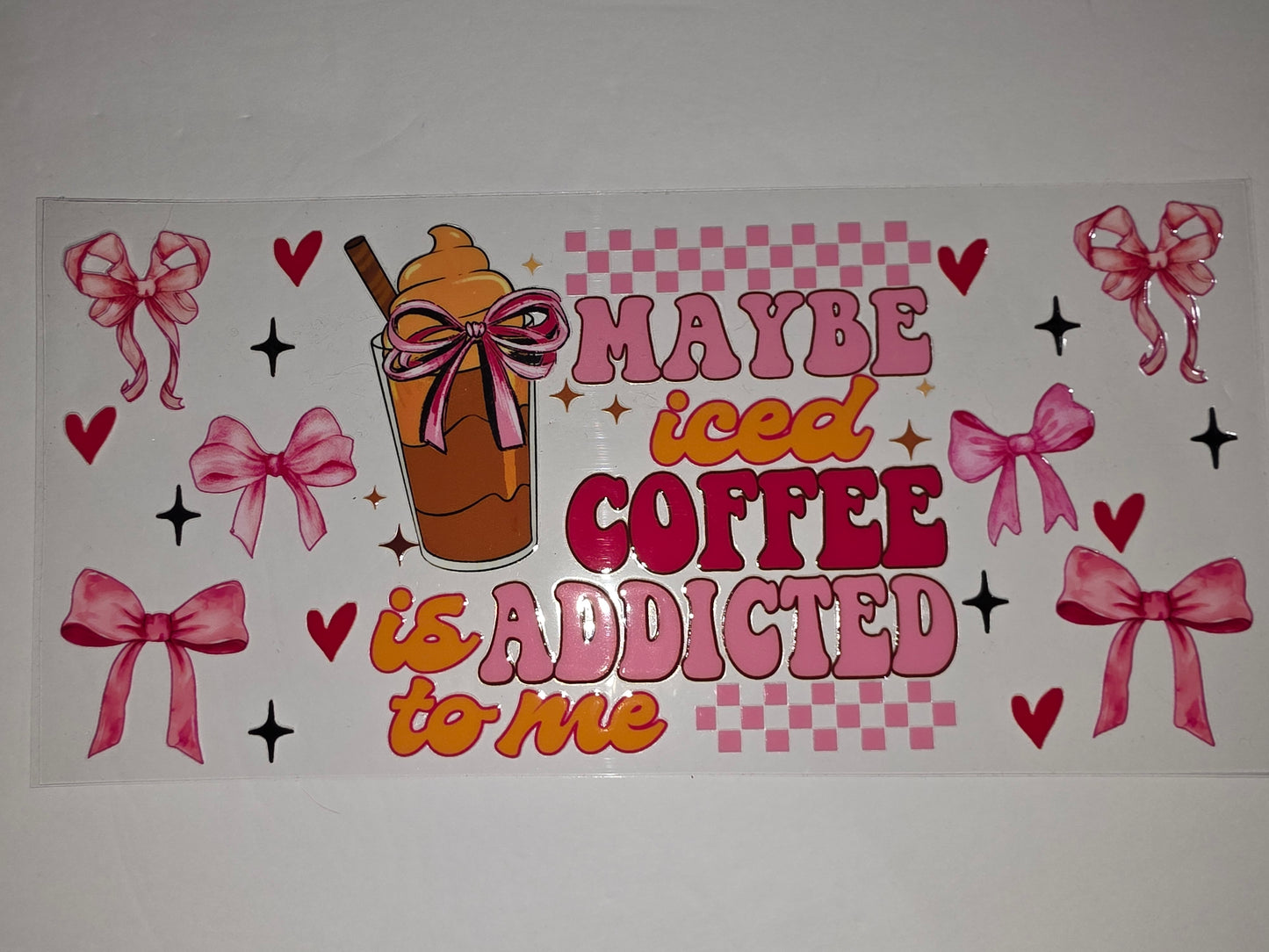 Retro Iced Coffee Addicted Tumbler Wrap | Pink Bows & Hearts Sublimation Design