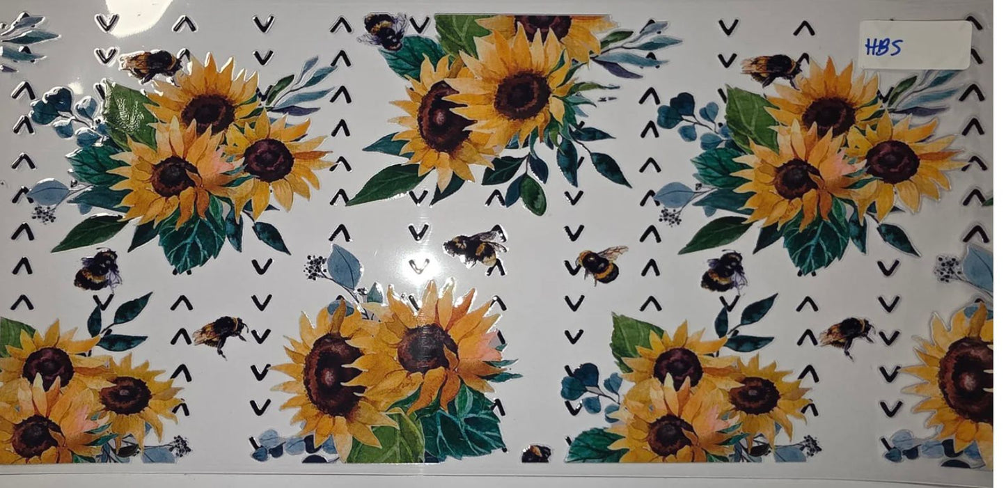 Sunflower & Bumblebee Tumbler Wrap | Yellow Floral Drinkware Design | Summer Bee Pattern