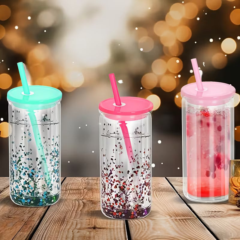 16 oz Clear Snowglobe Tumbler with Colored Lid and Straw-Multiple colors available
