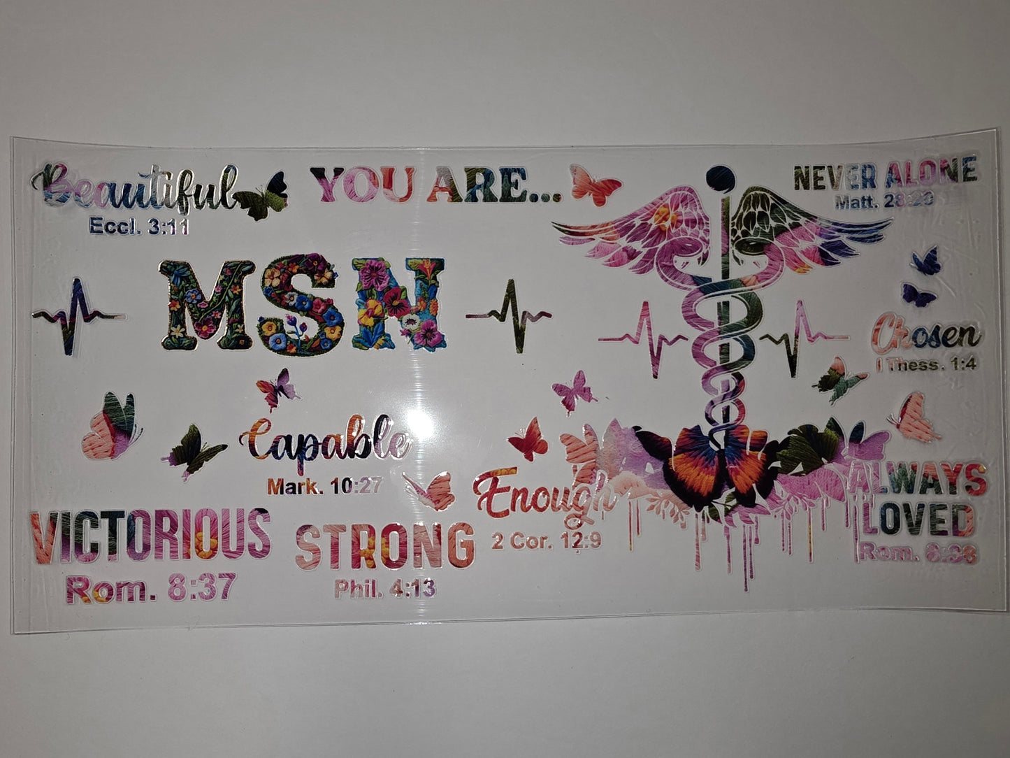Inspirational Nurse Tumbler Wrap - Floral Caduceus, Butterflies, & Scripture