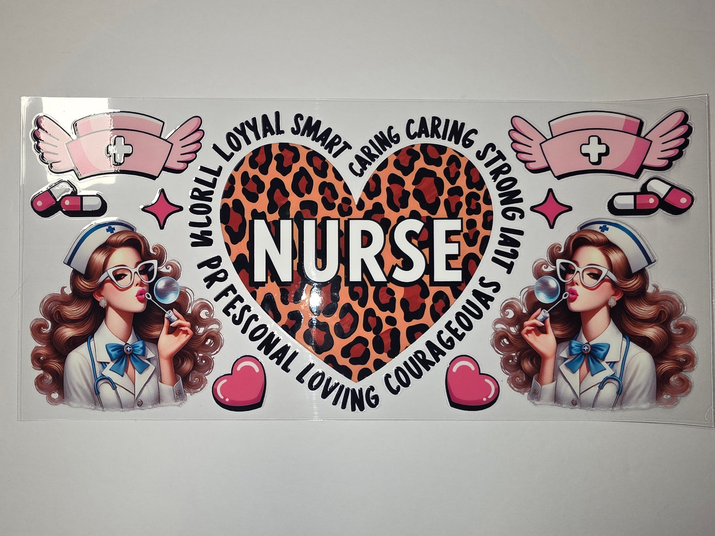 Nurse Life Leopard Heart Tumbler Wrap | Vintage Nurse & Pink Wings Design