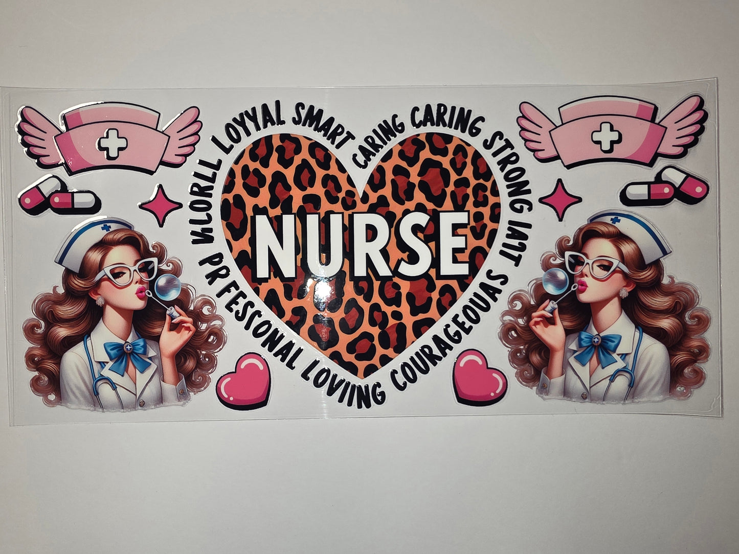 Nurse Life Leopard Heart Tumbler Wrap - Pink Nurse Hat & Retro Pin-Up Style