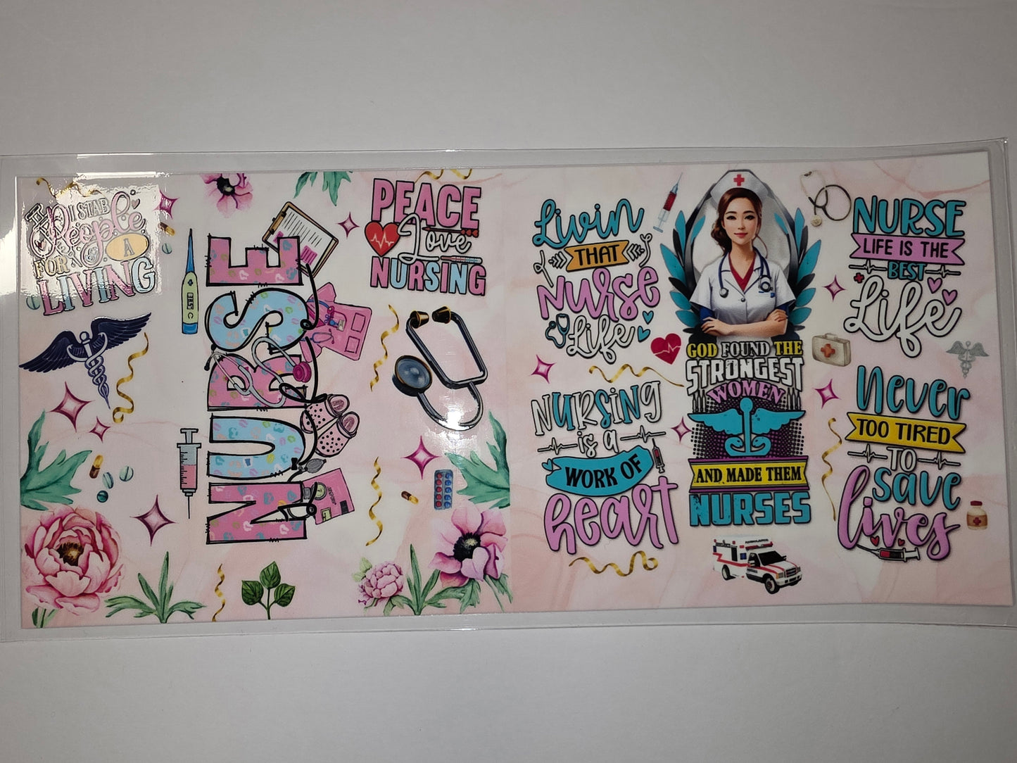 Nurse Life Tumbler Wrap | Pink Floral & Medical Icons | Sublimation Design