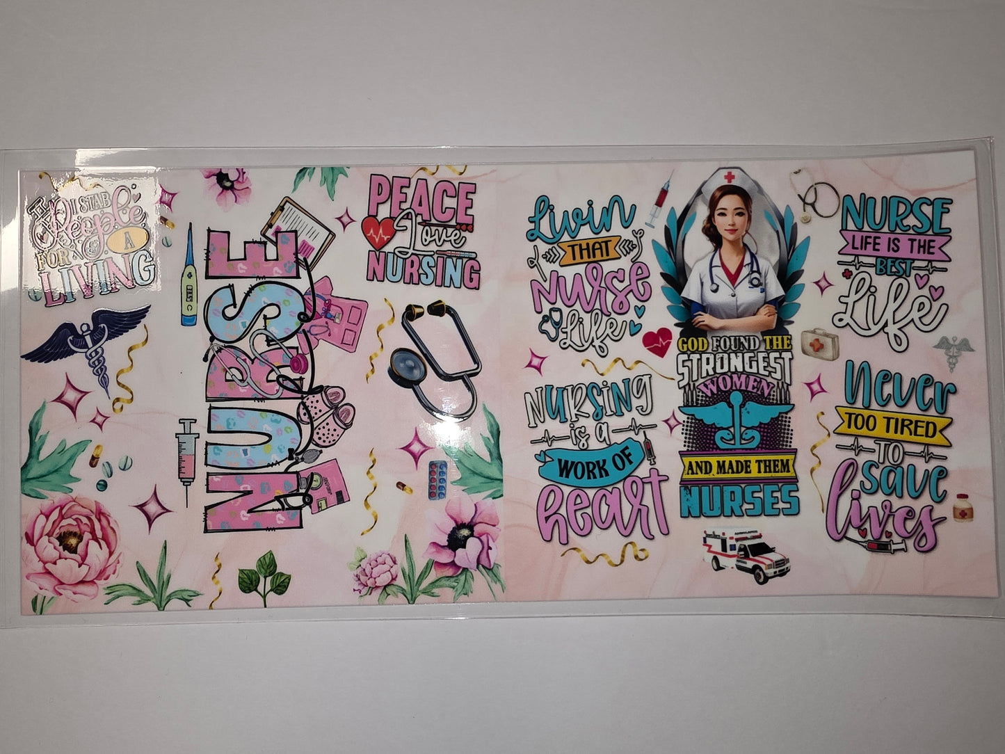 Nurse Life Tumbler Wrap - Pink, Teal & Gold - Medical & Floral Design