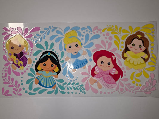 Chibi Princess Tumbler Wrap - Fairytale Characters, Pink, Blue, Yellow, Purple