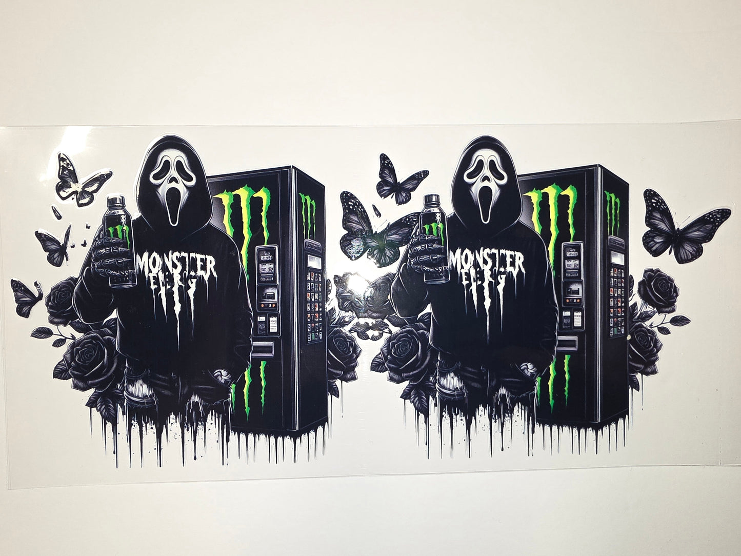 Gothic Scream Ghost & Monster Energy Tumbler Wrap | Black Roses & Butterflies