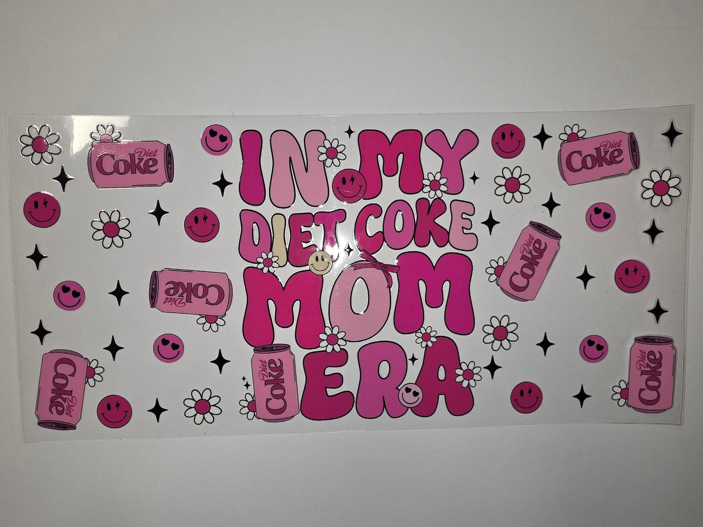 Retro Pink Diet Coke Mom Era Tumbler Wrap | Groovy Smiley Flower Design