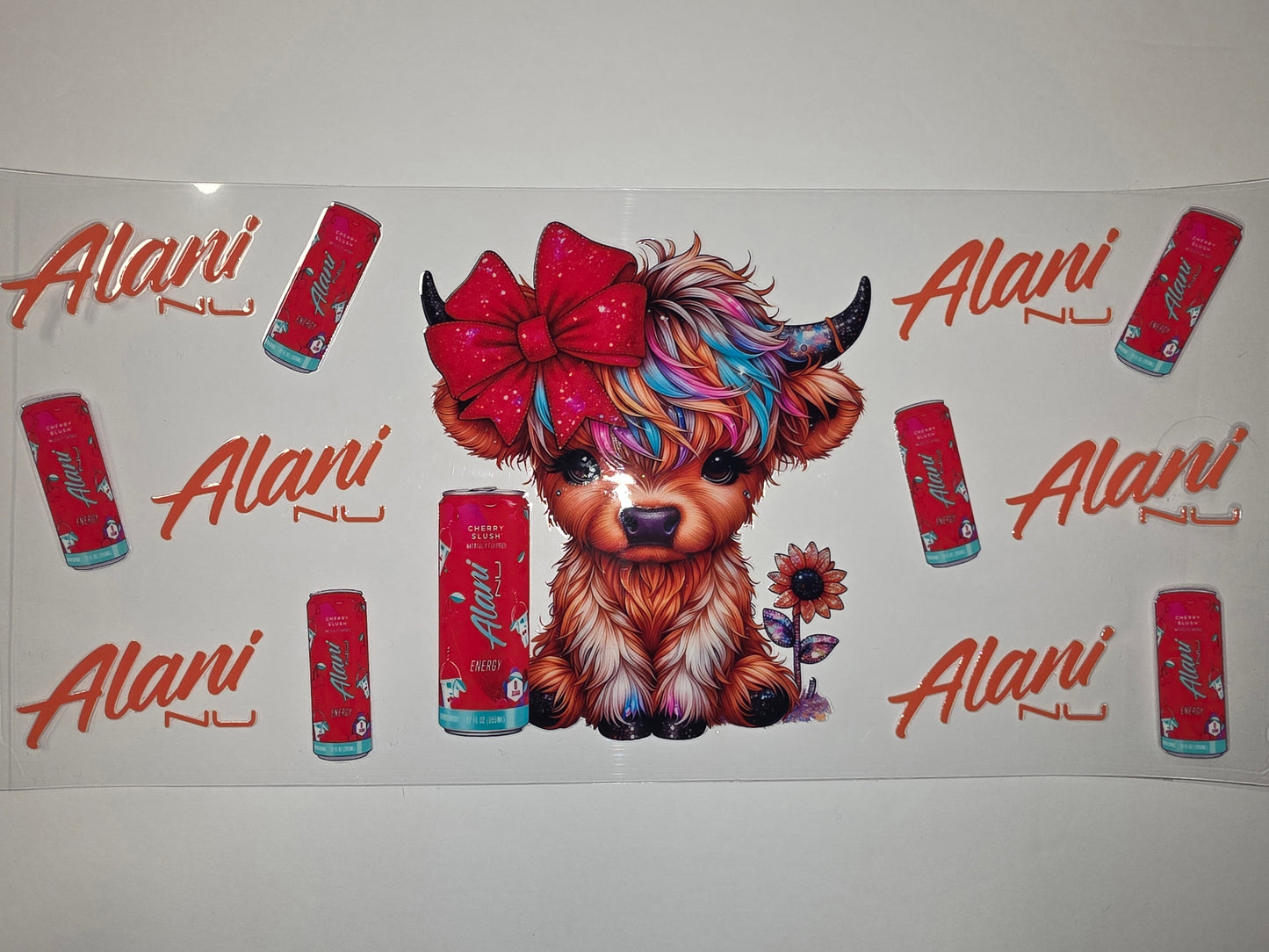 Cute Highland Cow Tumbler Wrap - Colorful Hair, Red Bow, Energy Drink Design