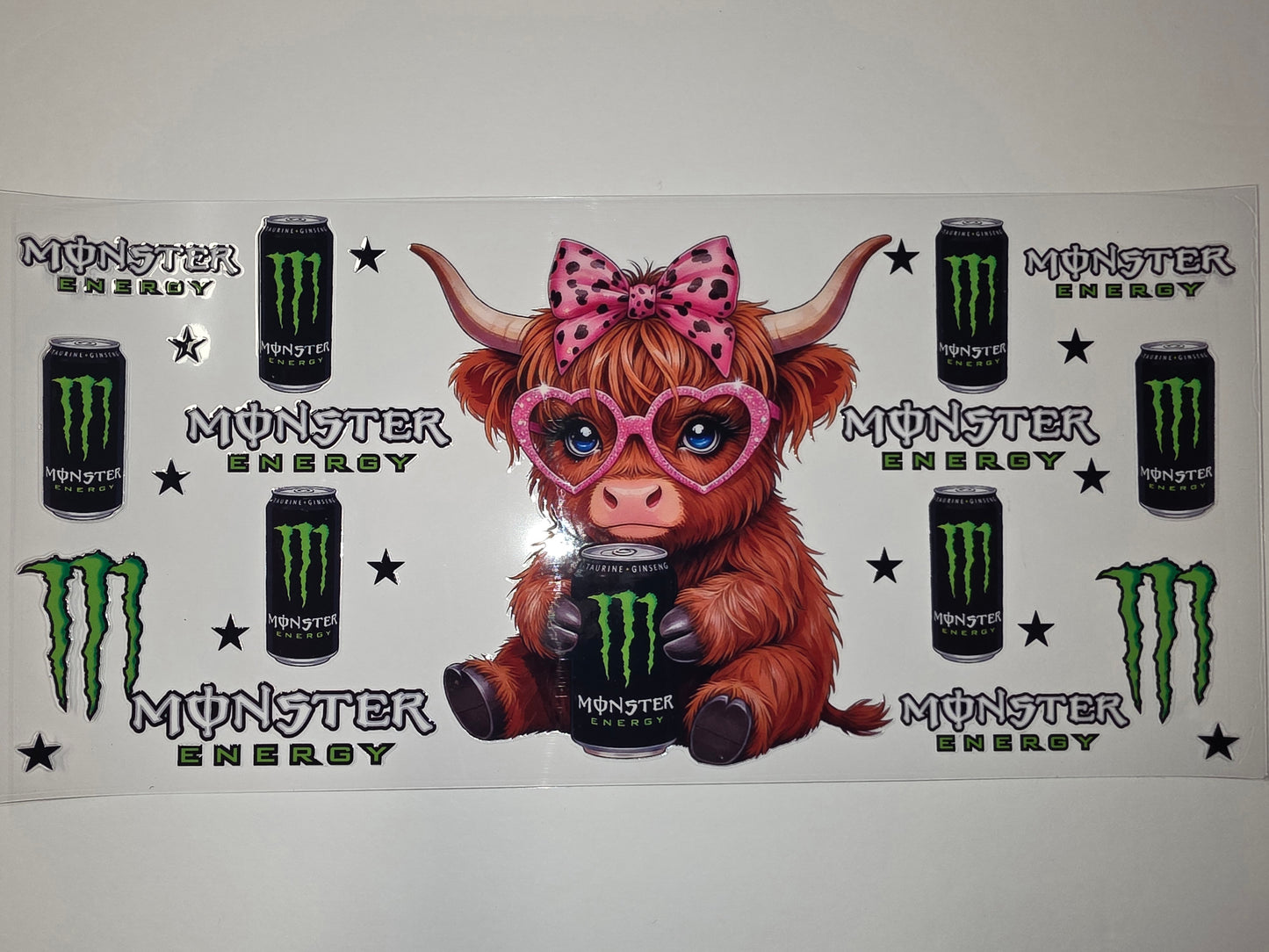 Cute Highland Cow Monster Energy Tumbler Wrap | Pink Bow & Heart Glasses | Sublimation Design