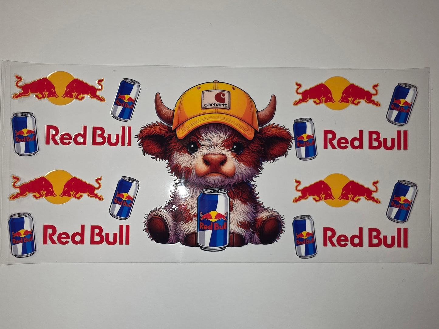 Cute Highland Cow with Red Bull Cans Tumbler Wrap - Red, Blue, Yellow Design