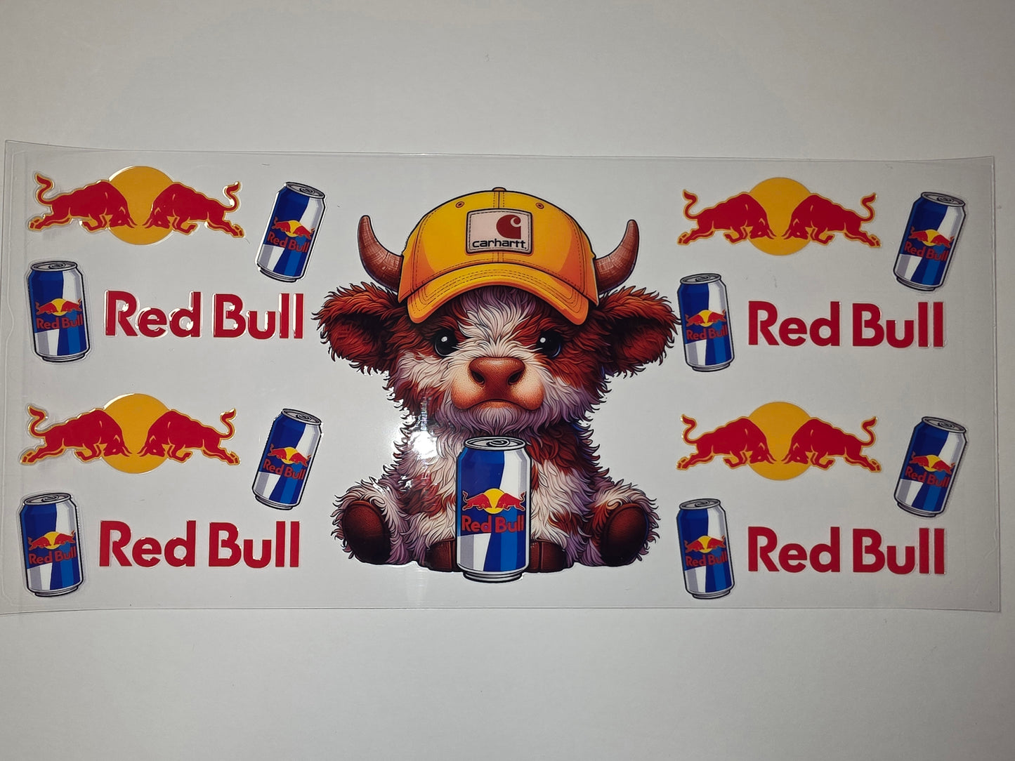 Cute Highland Cow with Red Bull Cans Tumbler Wrap | Red Bull Logo & Bull Design