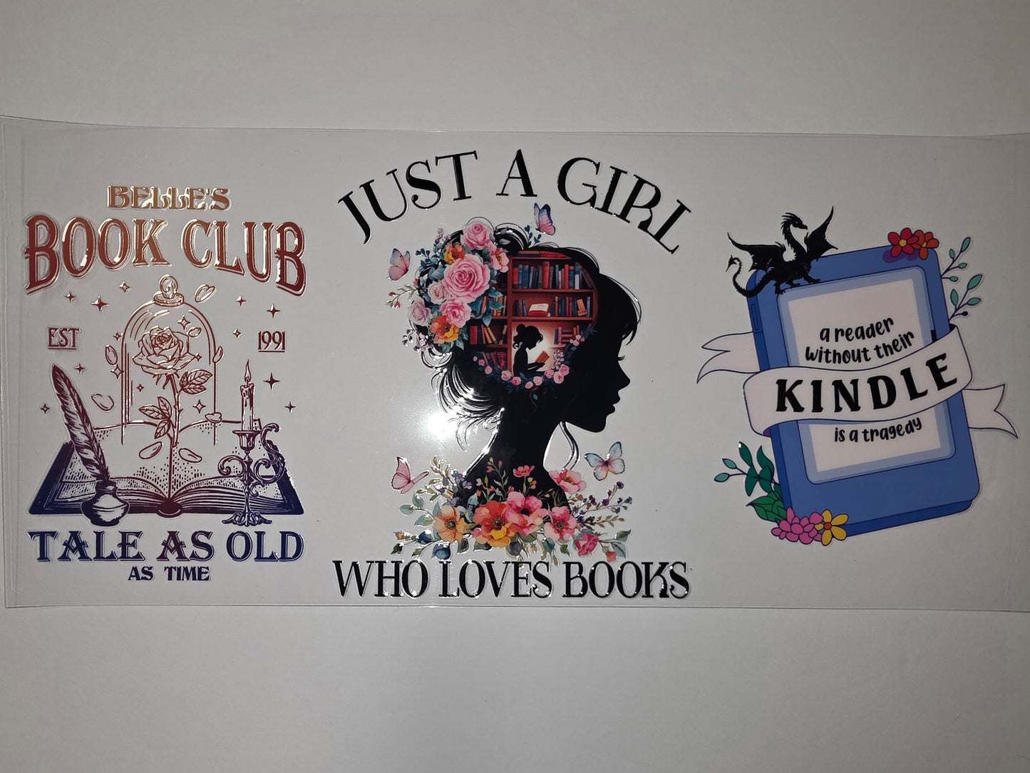 Book Lover Tumbler Wrap - Floral Silhouette, Kindle Quote, Belle's Book Club