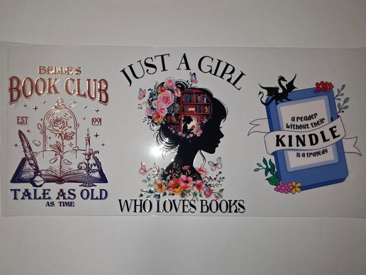 Book Lover Tumbler Wrap - Floral Silhouette, Kindle Quote, Belle's Book Club