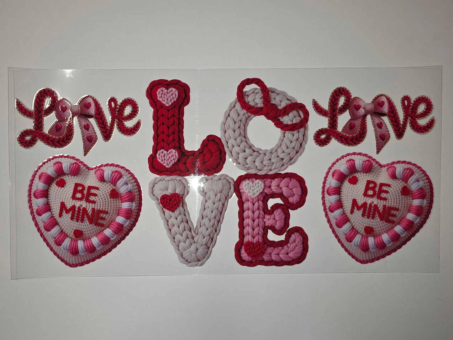 Valentine's Day "LOVE" & "BE MINE" Heart Tumbler Wrap - Pink, Red, White Knitted Design