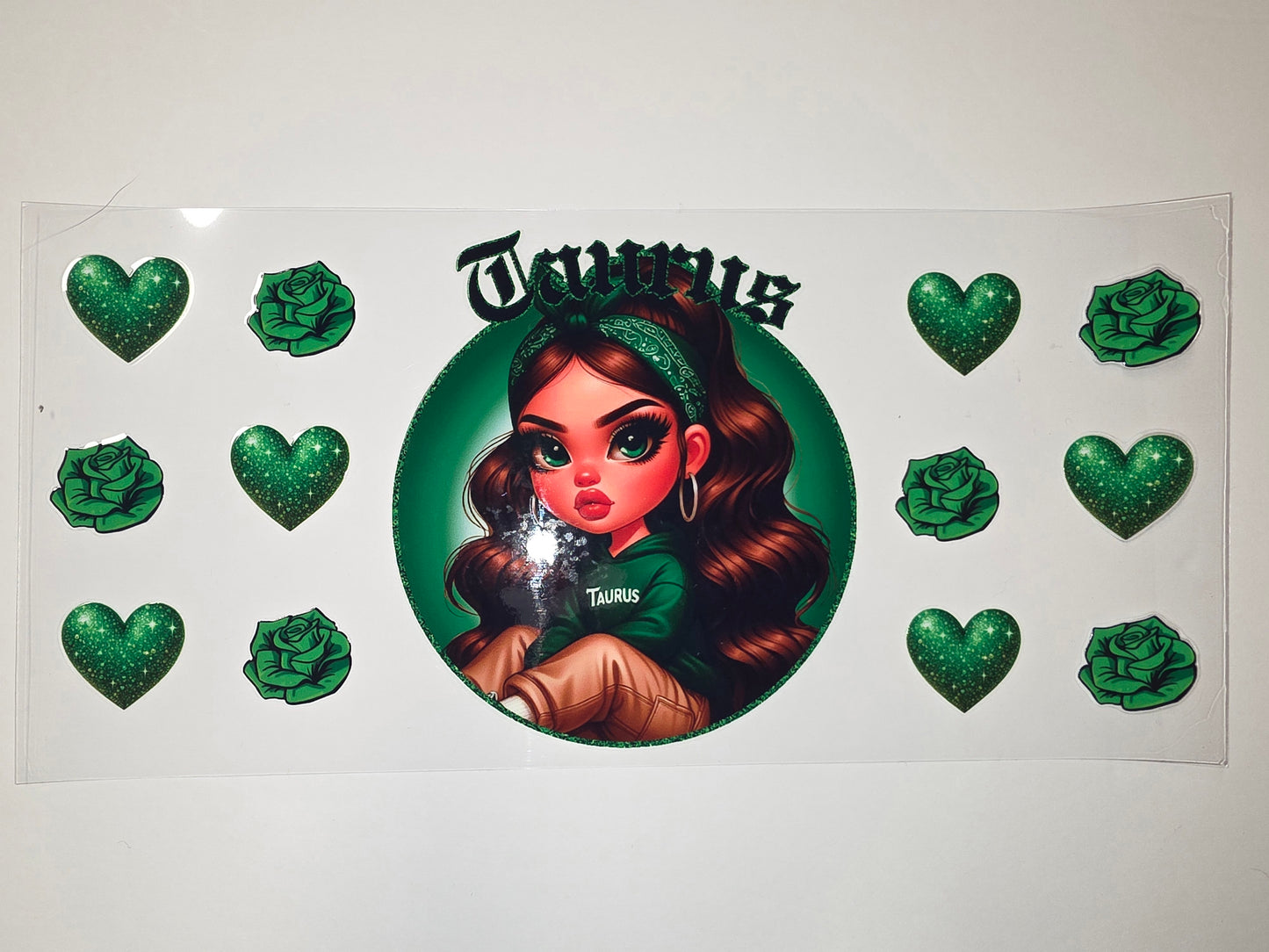Taurus Zodiac Girl Tumbler Wrap - Emerald Green Glitter Hearts & Roses