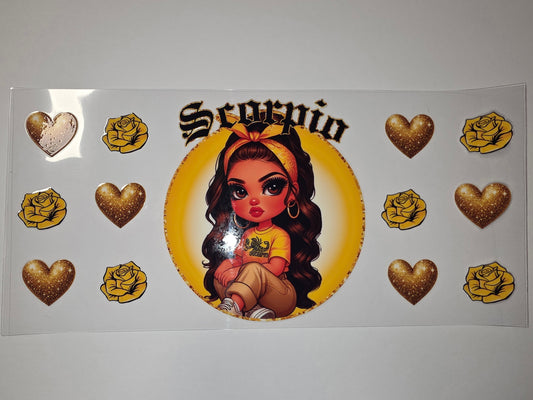 Scorpio Zodiac Girl Tumbler Wrap - Gold Glitter Hearts & Roses - Astrology Drinkware Design