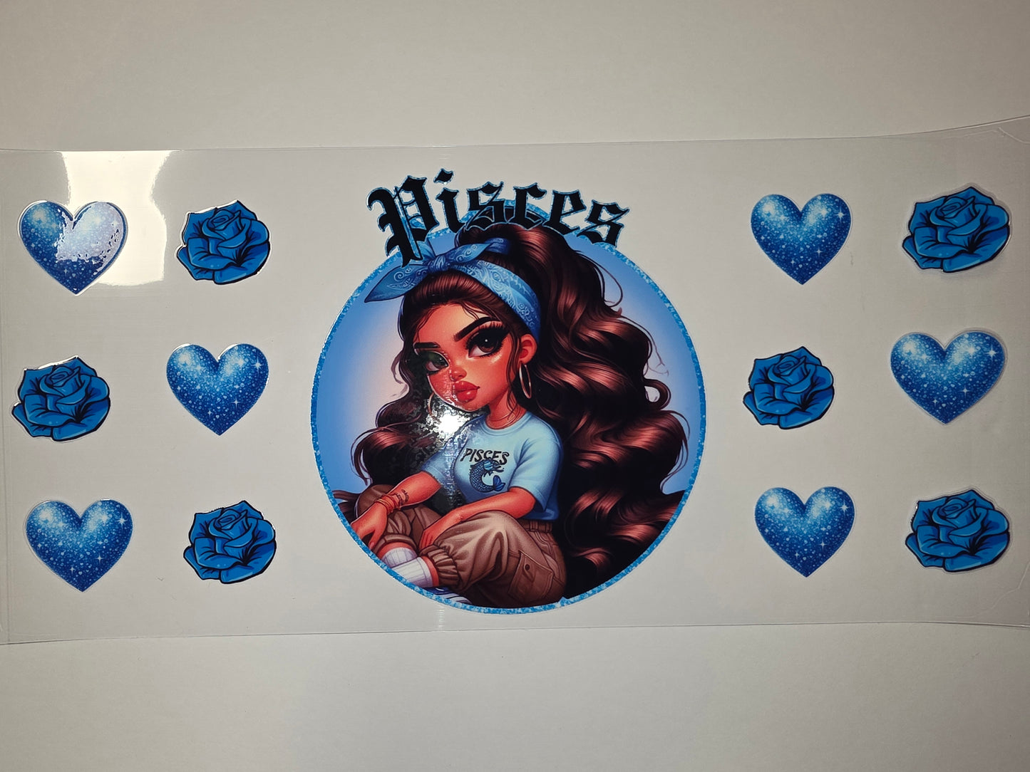 Pisces Zodiac Girl Tumbler Wrap - Blue Hearts & Roses - Astrology Drinkware Design